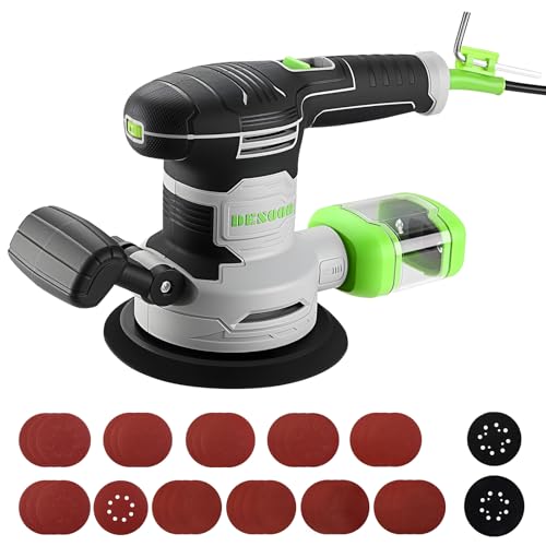 DESOON Random Orbit Sander 450W with 31Pcs Sandpapers 6 Variable Speed 14000RPM Includes Replacement 125/150MM Sanding Discs Sander with Dust Extraction for Sanding Polishing Wood DIY Home