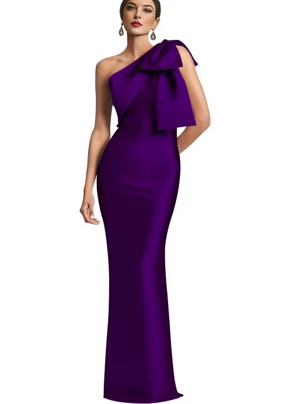 Image of One Shoulder Bridesmaid Dresses with Bow Long Mermaid Satin Back Slit Mother of The Bride Dresses PM004