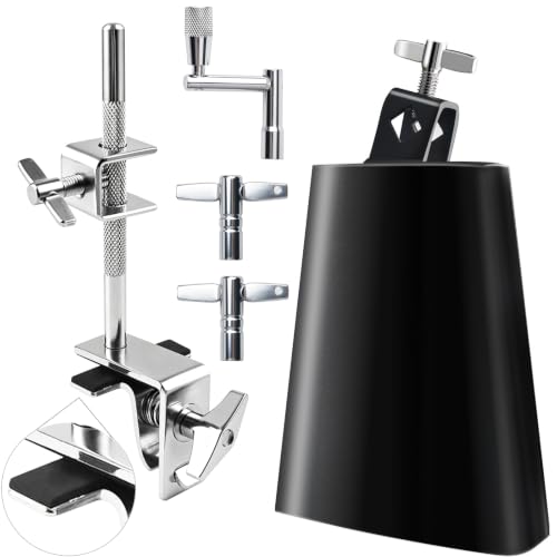 6 Inch Small Cowbell with Cow bell Mount & Holder for Drum Set, Cowbell Instrument - Fits Bass Drum Hoop, Includes 3 Drumsticks & Stainless Steel Bracket