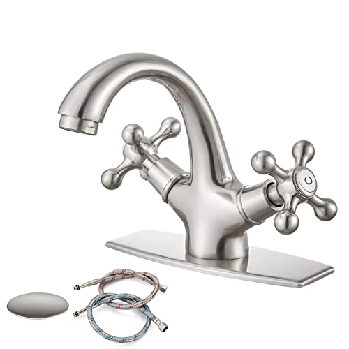 Gotonovo Brushed Nickel Bathroom Sink Faucet Pop Up Drain With Overflow Double Cross Handle Single Hole Deck Mount Cold Hot Mixer Vintage Vanity Tap With Cover Deck Plate cover