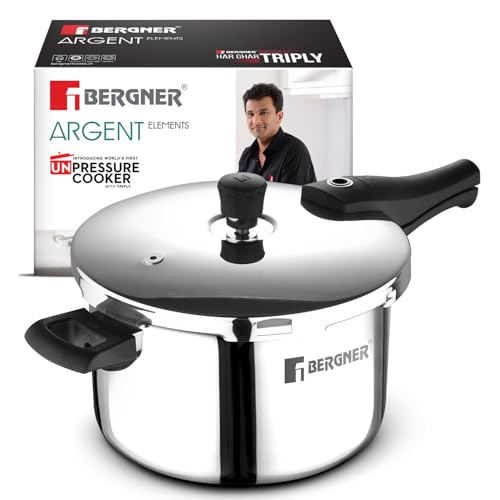 Image of Bergner Argent Elements Triply Stainless Steel 6.5 L Outer Lid Pressure Cooker, Healthy Cooking, Even Heat Distribution, Sturdy Handle, Easy Lock System, Safety Gasket - Induction and Gas Stove Ready