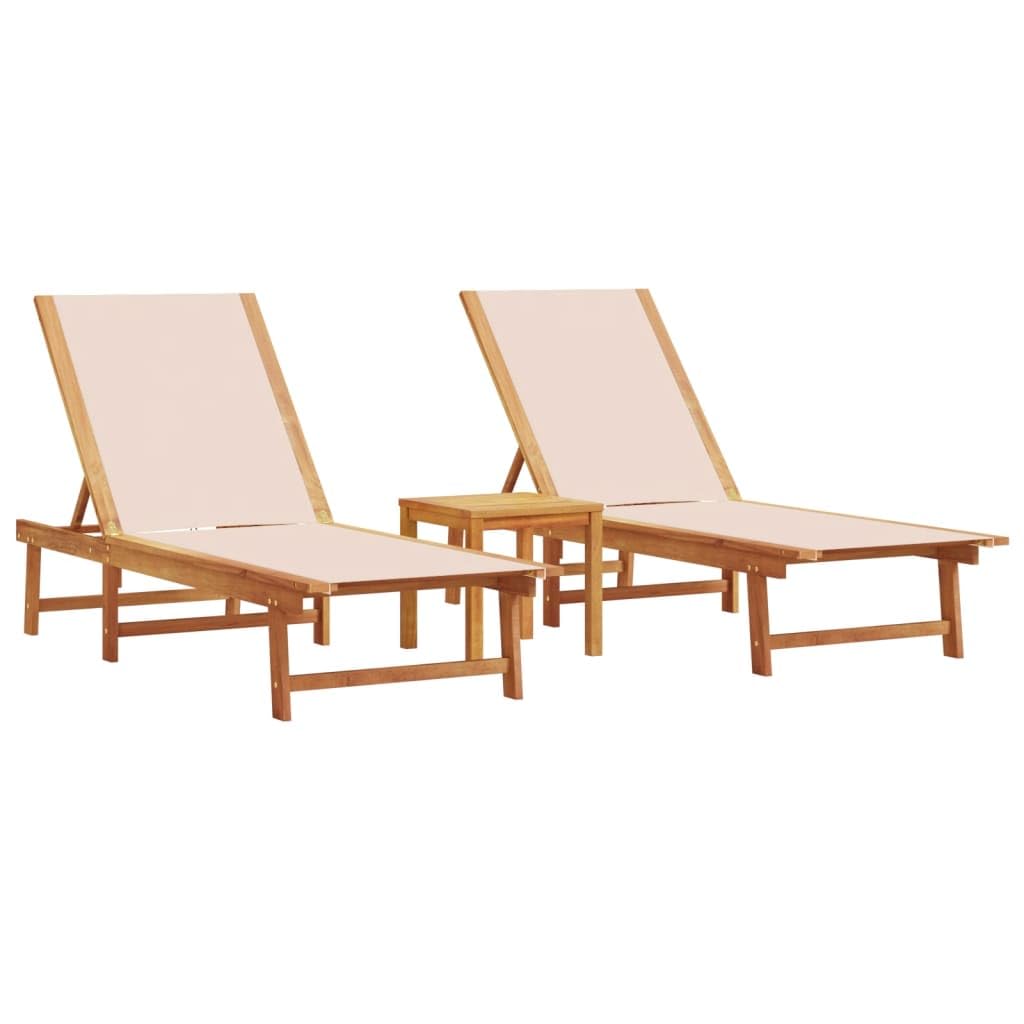 vidaXL Tumbonas 2 uds con Mesa Madera Maciza Acacia y textileno Crema, Tumbona de Exterior, Cama de día de Exterior, Chaise Longue de Exterior