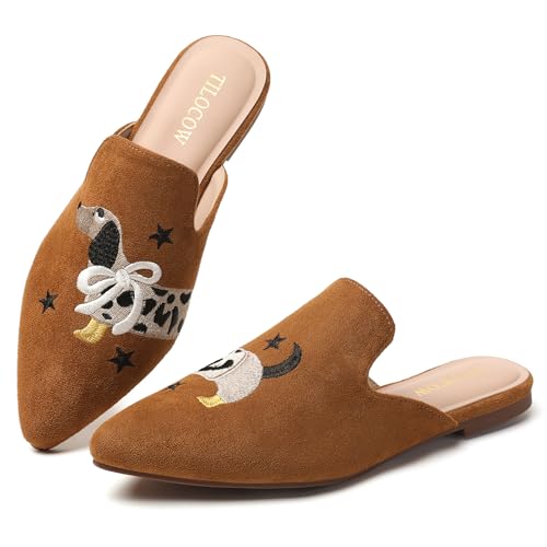 Image of Tilocow Women's Pointed Toe Flat Mules Backless Slip On Loafers