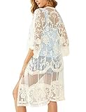 Womens Lace Open Front Cardigans 3/4 Sleeves Long Kimono Lightweight Cover Up(Apricot)