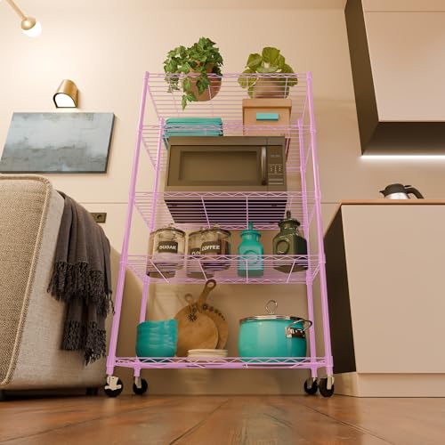 Image of 5-Shelves Wheels Heavy Duty Steel Storage Rack | Multipurpose Shelving Unit for Kitchen, Home & Utility