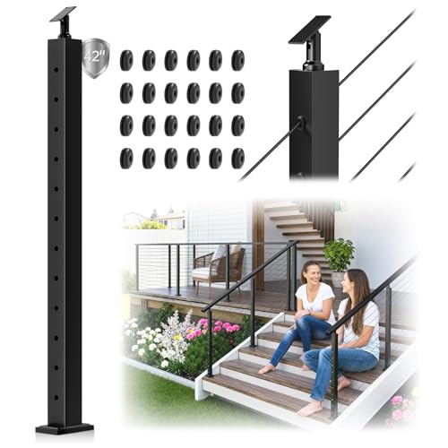 Image of 42 inch Stair Cable Railing Post Fit 28-38 Degree Stairway, Stainless Steel T304 Deck Post for Stair Railing System, Upgraded Black Powder Coated Wire Metal Post for Satir Indoor Outdoor