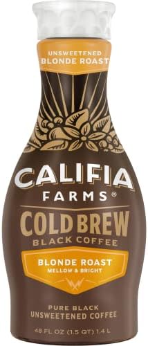 Califia Farms - Pure Black Blonde Roast Cold Brew Coffee, 48 Oz, 100% Arabica, Plant Based, Vegan, Gluten Free, Non GMO, Sugar Free, Iced Coffee