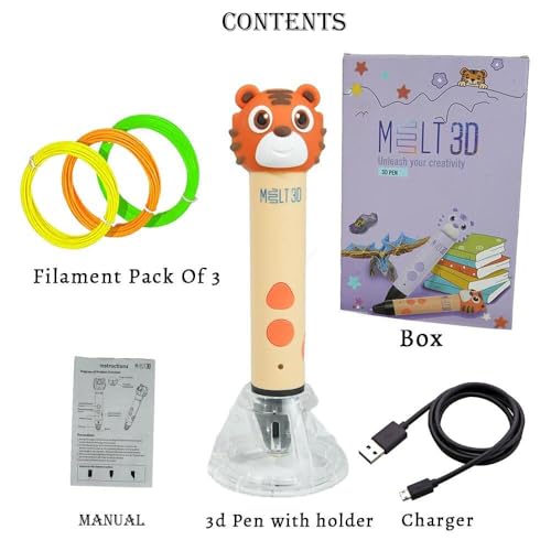 Image of Magicwand 3D Printing Pen with Silicone Tiger Head &【3 Metre Each 3 Filaments & 10 Metre Each 3 Filaments Extra】【Pack of 1】