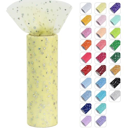 RIBBOOO Light Yellow Glitter Tulle Rolls 6 Inch by 10 Yards Sequin Tulle Fabric Ribbon for DIY Tutu Skirt Sewing Bow Decorations Craft Supplies Birthday Wedding Baby Shower Party Decoration