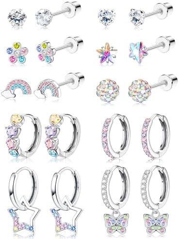 YADOCA 10 Pairs Hypoallergenic Screw Back Earrings For Girls Women Surgical Steel Small Huggie Hoop Earrings Cute CZ Butterfly Star Dangle Hoop Earrings 20G Screwback Stud Earrings Set For Sensitive