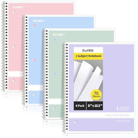 SUNEE Spiral Notebooks College Ruled, 1-Subject, 4 Pack, 8 x 10-1/2 in, 70 Sheets, 3-Hole Punched Paper, Pastel Pink, Purple, Blue, Green for School, Home&Office,Writing Journal Cover