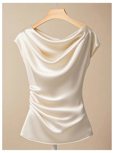 SOLY HUX Women's Satin Blouse Ruched Cowl Neck Elegant Shirt Summer Tops Work Office Outfits3