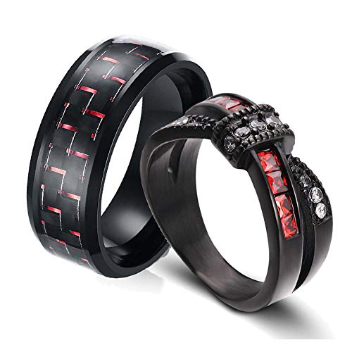Two Rings His and Hers Couple Ring Bridal Set His Hers 3pc Women Black Gold Filled Red Cz Man Stainless Steel Wedding Ring Band Set