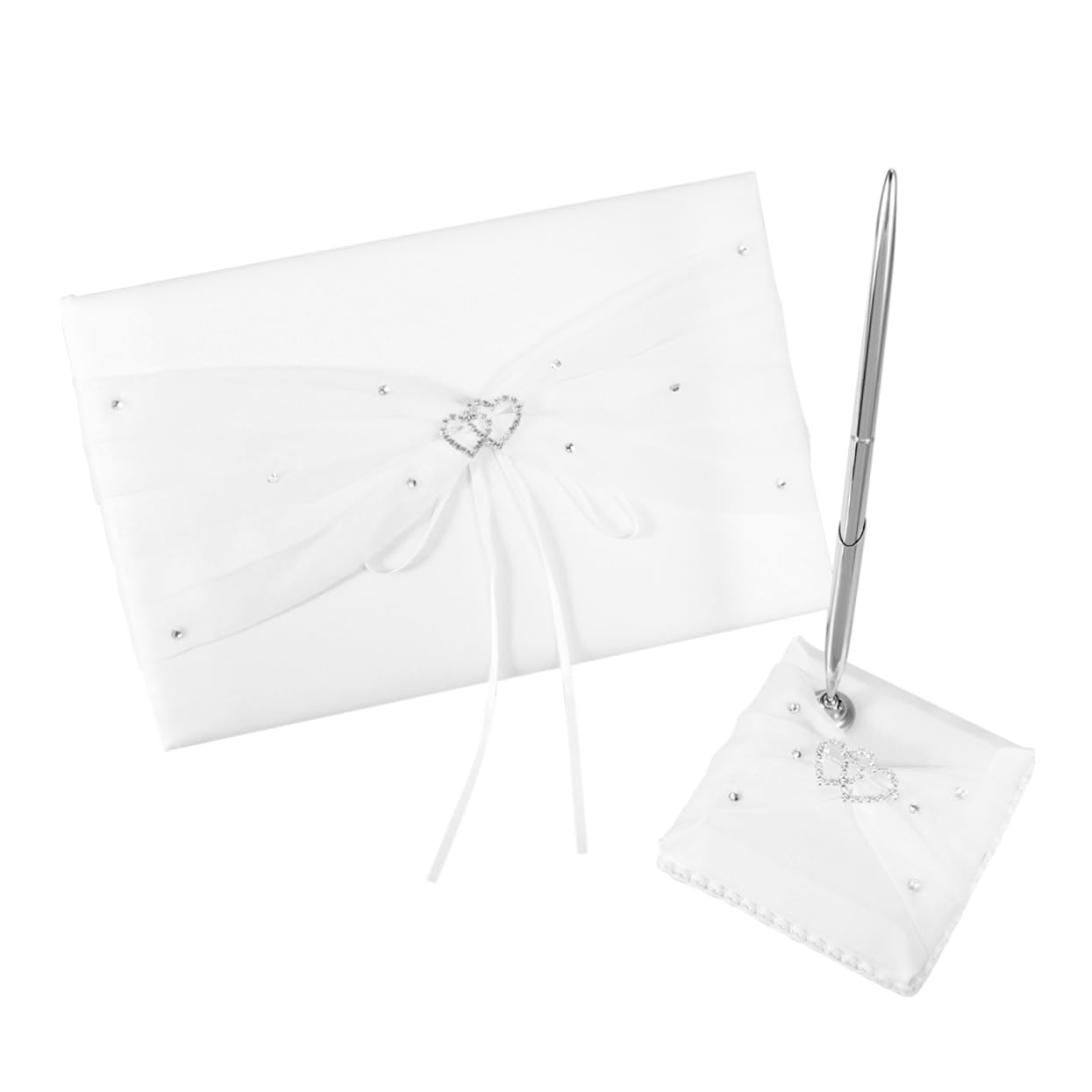 Alipis Satin Gästebuch zur Hochzeit mit 70 Seiten, Weiß, mit Silberstift | 1 Seite für Namen, 65 Seiten für Gästeeinträge, Kartenaufteilung für Familie und Begleitung