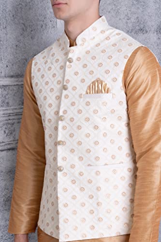 Image of Uri and MacKenzie Men's Silk Blend Regular Kurta Churidar Pyjama with Bundi Nehru Jacket /Waistcoat