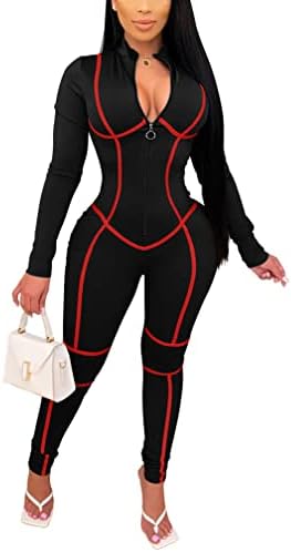 XXTAXN Women's Sexy Bodycon Stitching Long Sleeve Going Out Rompers Jumpsuit Black