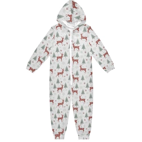 FRODOTGV Pijama de una sola pieza con diseño de árboles de reno blanco, verde, rojo, para niños, con cremallera, con capucha, unisex, para niños de 4 a 14 años, Árboles de reno de Navidad, blanco