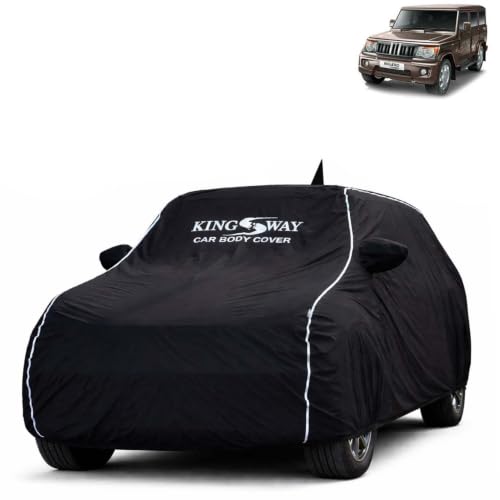 Image of KINGSWAY Super Waterproof Car Cover Only with Mahindra Bolero (Year 2020 Onwards - All Model) | Mirror and Antenna Pockets | All Weather Car Body Cover with Silver Piping | Black
