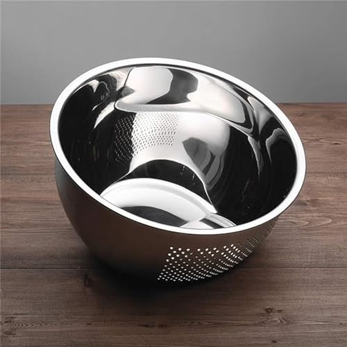 Image of KRESHU Heavy Quality Stainless Steel 304 Food Grade 3-in-1 Bowls Vegetables Rice Washer with Side Drain Bowls Colander Strainer Basket Ideal for Kitchen Tools Vegetables, Rice, Fruits (23cm, Silver)
