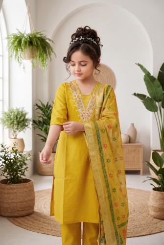 Image of Girls Cotton Blend Embroidered Kurta Pant with Printed Banarasi Style Dupatta Set | Festive Ethnic Wear for Kids | Traditional Suit Set for Girls (4-14Years)
