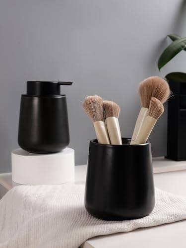 Image of Bosilunlife Soap and Toothbrush Holder Set - Ceramic Bathroom Accessories Set Black Foaming Hand Soap Dispenser Set Bathroom Counter Toothbrush Holder and Soap Dispenser Set