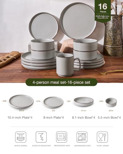 Image of Famiware Nebula Ridge 16-Piece Dinnerware Set with Pasta Bowls, Light Gray