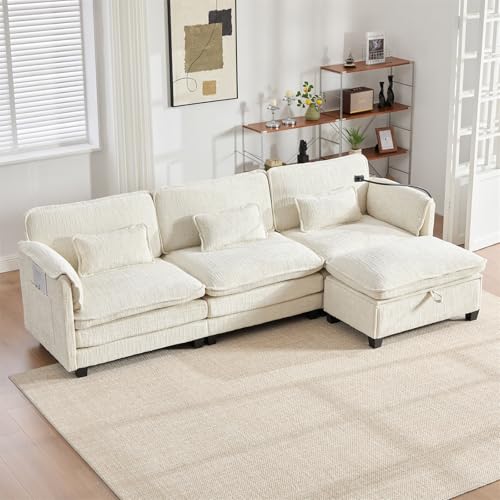 GLYYR Sofa Chaise Longue Chenilla Sofas de Salon Cheslong Sofa Modular L Espuma Viscoelástica Sofá Cama 3 Plazas con Almacenaje, Puerto USB, Soporte para Teléfono, Reposapiés Portátil