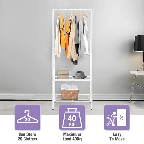 Youyijia Kleiderständer Metall Kleiderstange 60 cm x 151 cm Kleiner Garderobenständer für Schlafzimmer mit Schuhablage Kleiderstange mit Zwei Regalen Kleiderstangen für Kleidung (Weiß)