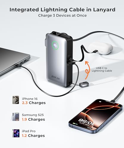 Image of Portable Charger Power Bank - Battery Pack 35W AC Plug GaN 10000mAh Built in Cable USB C Phone Fast Charging Powerbank Compatible with iPhone 16 15 14 13 12 11 X iPad MacBook Samsung (White)