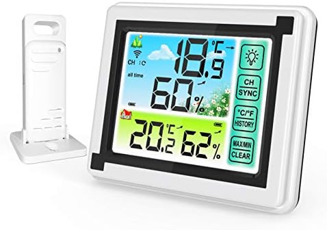 Number-one Wireless Weather Station Indoor Outdoor Thermometer with Remote Sensor, Digital Temperature and Humidity Monitor with LCD Backlight, Touchscreen, Min/Max Records for Home, Office, Baby Room