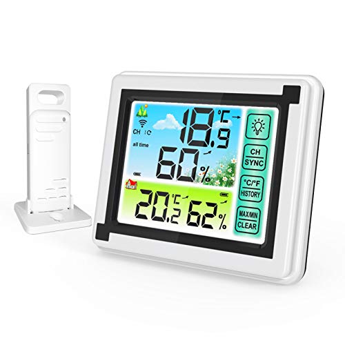 Upgraded Wireless Weather Station Indoor Outdoor Thermometer with Remote Sensor, Digital Humidity & Temperature Monitor with LCD Backlight,Touchscreen Min/Max Records for Baby Room, Office,Warehouse