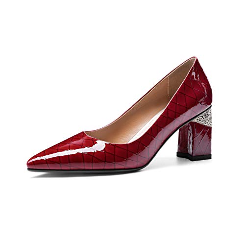 TinaCus Women's Glossy Patent Leather Handmade Clear Pointed Toe Mid Chunky Heel Slip On Modern Pumps with Attractive Pattern