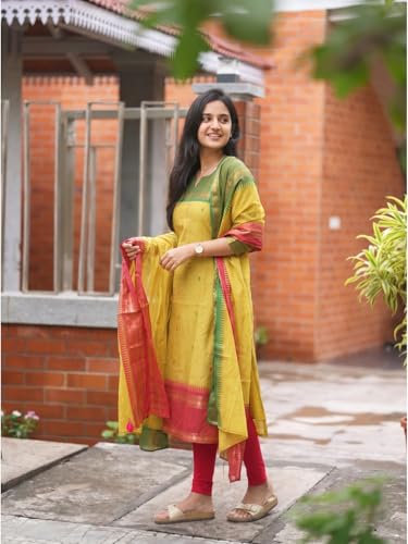 Image of TWINLIGHT Women's Kanchi Cotton Jaquard Work Kurta and Dupatta Set with V Neck 3 /4 Sleeves Straight Calf Length Kurti and Jaquard Work Border Dupatta