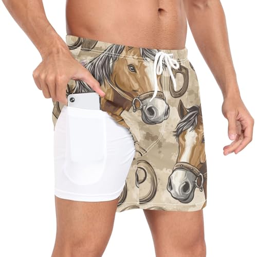 Retro Horse Print Men's Swim Trunks with Liner Quick Dry Beach Shorts Swimwear Bathing Suit S-XXL4