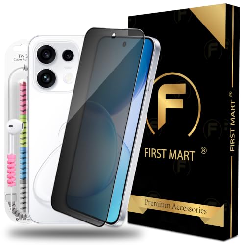 Image of FIRST MART Privacy Tempered Glass for Oppo Reno 16c With Cable Guard & Installation Kit | Anti-Spy 9H Screen Protector, Edge-to-Edge, Case-Friendly | Black
