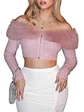 WDIRARA Women's Faux Fur Off Shoulder Crop Coat Zip Up Fuzzy Jackets Long Sleeve Knitted Outerwear Pink Large