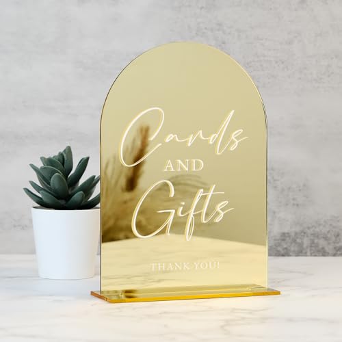 Acrylic Cards and Gifts Sign with Stand- 5x7 Gold Mirror Arched Wedding Sign and Base 1/8 Thick | Modern Calligraphy White Lettering Arch Acrylic Sign for Wedding Reception & Party
