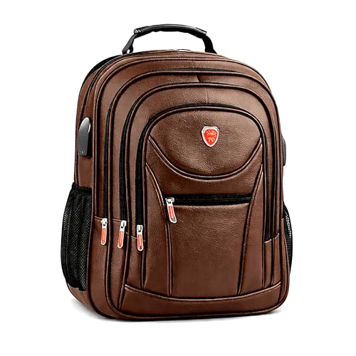 Mochila Couro Sintético Premium Resistente à Água Antifurto Cabo de Aço Saída USB P2 Compartimento Notebook até 17” Grande Capacidade 50L Executiva Unissex