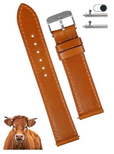 18mm Flat Classic Brown Leather Watch Band Men Quick Release Handmade Leather Strap, Slim Replacement Wristband Stainless Steel Buckle, Christmas Father's Day Gift for Dad Husband DH-NO-202-18MM