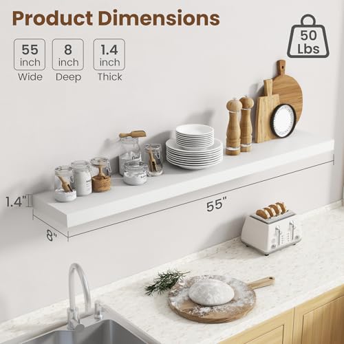 Image of 55 Inch Floating Shelves for Wall, 8 Inch Deep Floating Shelf for Storage & Display, Rustic Wall Mounted Shelf with Invisible Brackets for Living Room, Kitchen, Bathroom, Home Decor, Set of 2, White