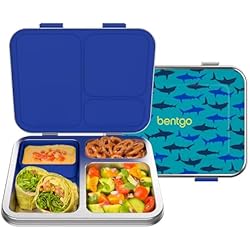 Bentgo Kids Stainless Steel Prints Leak-Resistant Lunch Box - 3-Compartments with Bonus Silicone Container, Durable, Eco-Friendly, Dishwasher Safe, BPA-Free, Ideal for School, Ages 3+ (Shark)
