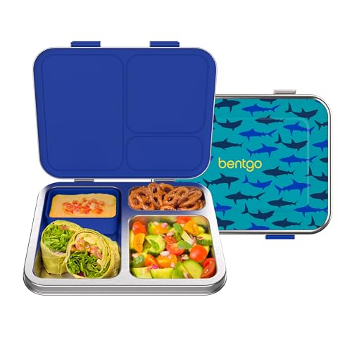 Bentgo Kids Stainless Steel Lunch Box, 3-Comp, Leak-Resistant (Shark)