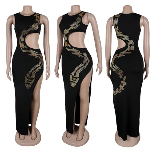 Image of PORRCEY Women's Sexy Elegant Rhinestone Bodycon Dress Hot Drilling Clubwear
