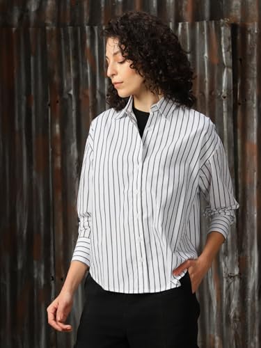 Image of High Star Women Cotton Striped Oversized Fit Collar Full Sleeves Shirts