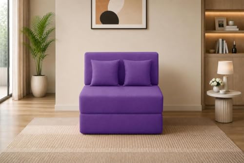 Image of Los Angeles Foldable One Seater Sofa Cum Bed, Sofa Bed 3 X 6 Feet Jute Fabric Washable Cover Including Cushion Perfect for Living Room & Office Guest Room - Purple