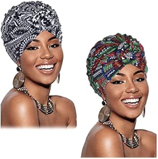 2 Pieces Headwrap for Women African Pattern Headwraps Pre-Tied Bonnet Turban Knot Beanie Hats Headwrap Cap Black