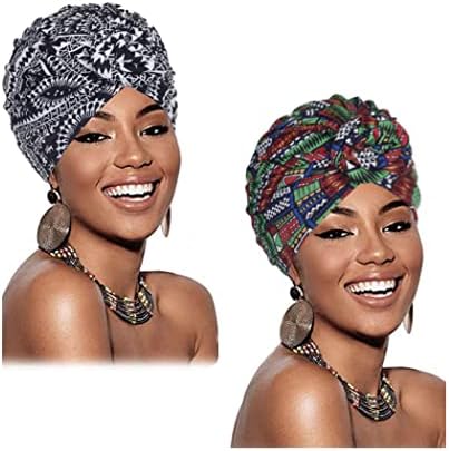 2 Pieces Headwrap for Women African Pattern Headwraps Pre-Tied Bonnet Turban Knot Beanie Hats Headwrap Cap Black