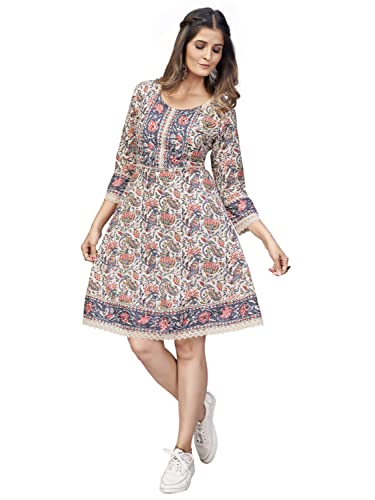 Image of Vbuyz Women's Floral Print Flared Cotton Beige Stitched Dress
