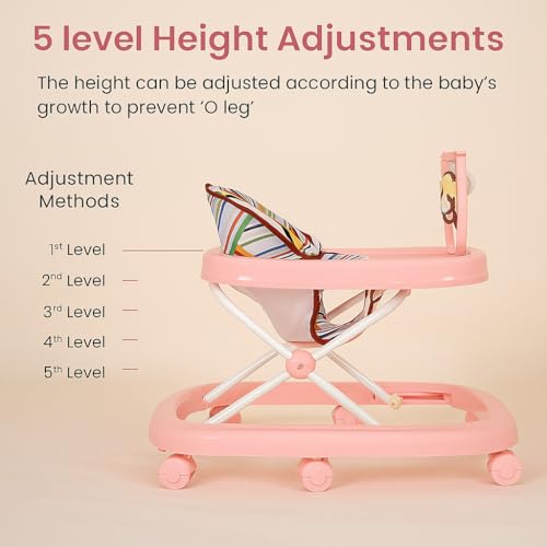 Image of Blushbaby 360 Baby Walker for 6-18 Months | 5-Height Adjustable Activity Walker with Cushioned Seat, Meal Tray & Toy Bar | Foldable & Lightweight Walker for Boys & Girls (Pink)