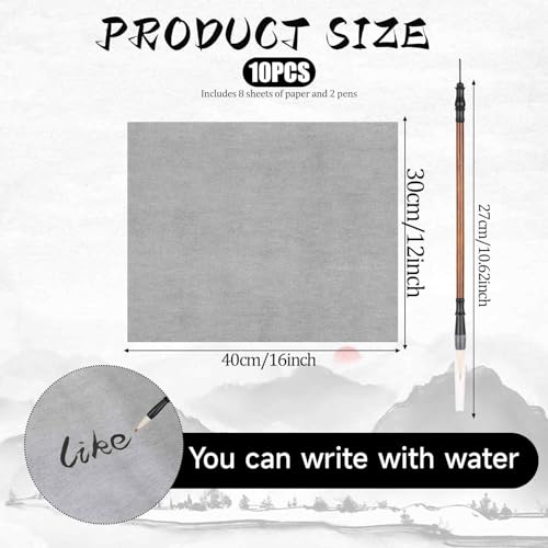 8 PCS Water Drawing Writing Cloth Reusable Chinese Calligraphy Set with 2 PCS Writing Brush No Ink Water Writing Cloth Paper Set for Beginners Calligraphy Practicing Tool(17x13Inch)